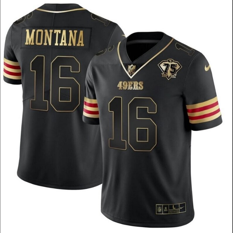 Men San Francisco 49ers #16 Montana Black 2024 Nike 75 Patch Vapor NFL Jersey style 1